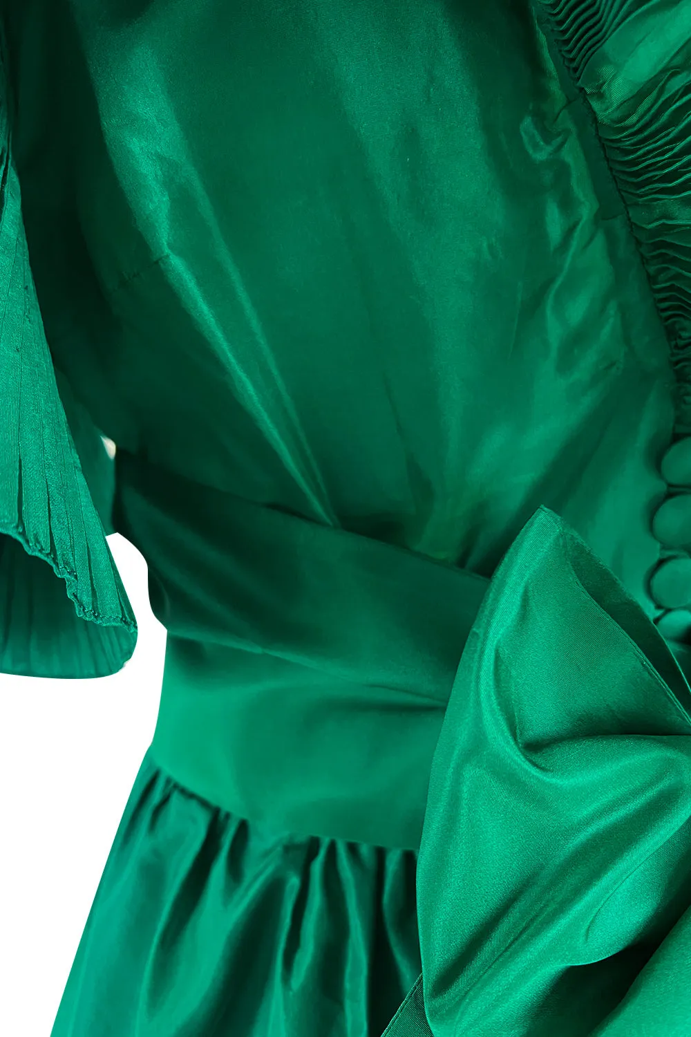 1980s Paul-Louis Orrier Emerald Green Silk Taffeta Couture Dress w Extravagant Ruffles