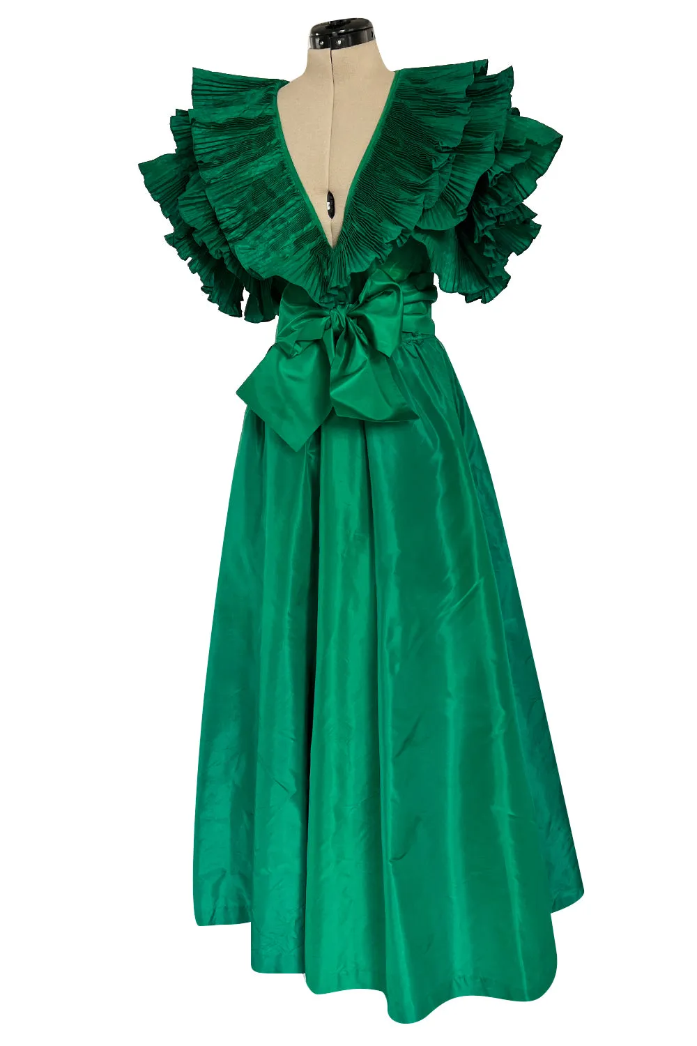 1980s Paul-Louis Orrier Emerald Green Silk Taffeta Couture Dress w Extravagant Ruffles