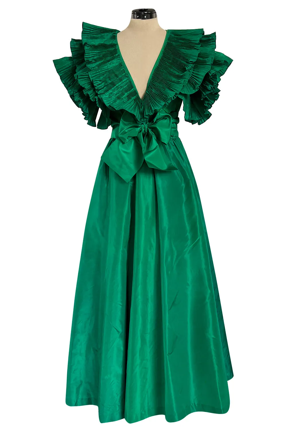 1980s Paul-Louis Orrier Emerald Green Silk Taffeta Couture Dress w Extravagant Ruffles