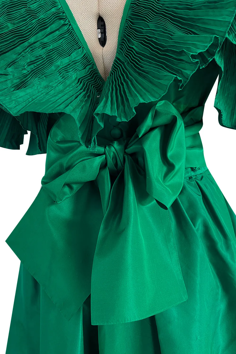 1980s Paul-Louis Orrier Emerald Green Silk Taffeta Couture Dress w Extravagant Ruffles