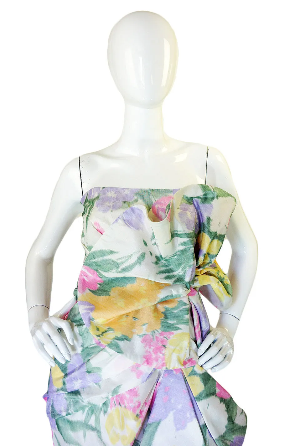 1980s Strapless Ruffled Pastel Silk Mignon Gown