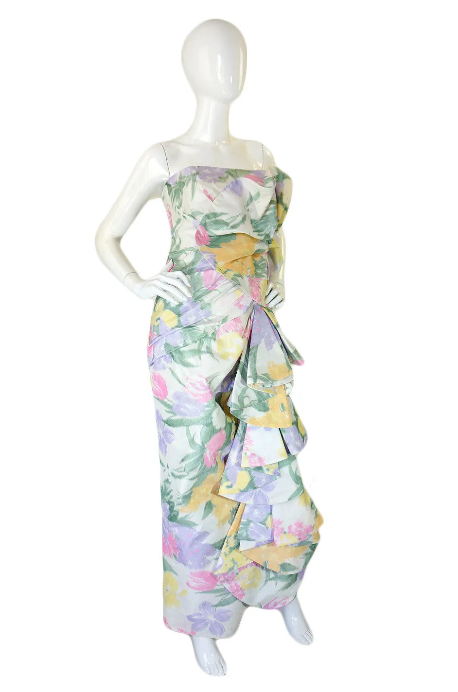 1980s Strapless Ruffled Pastel Silk Mignon Gown