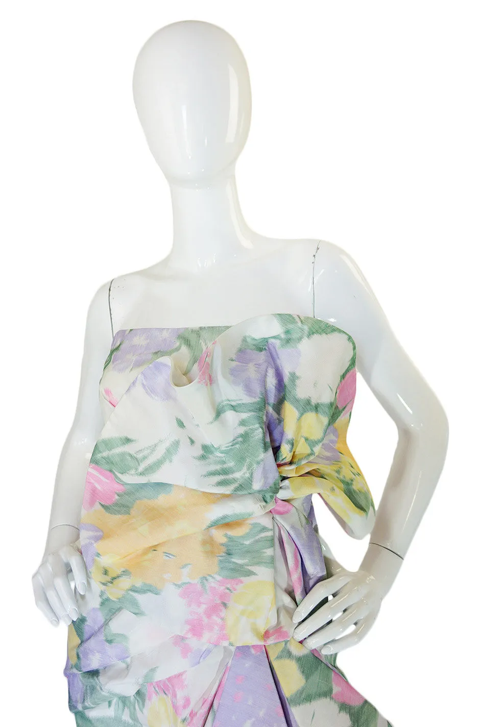 1980s Strapless Ruffled Pastel Silk Mignon Gown