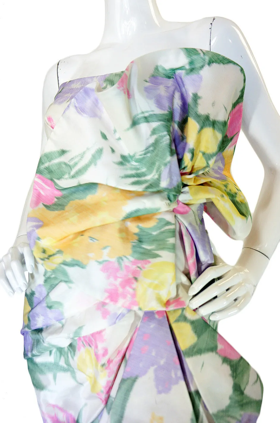 1980s Strapless Ruffled Pastel Silk Mignon Gown