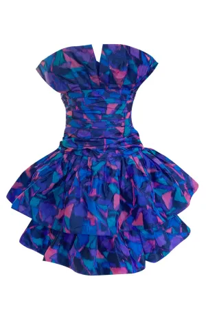 1987 Nina Ricci Multi Colour Printed Silk Taffeta Tiered Ruffled Mini Dress