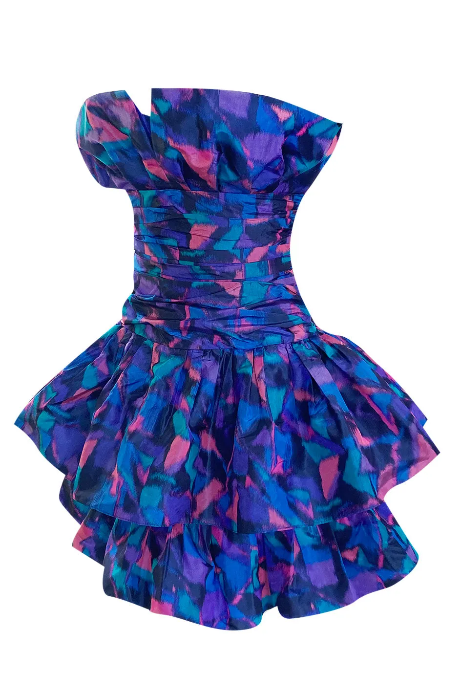 1987 Nina Ricci Multi Colour Printed Silk Taffeta Tiered Ruffled Mini Dress