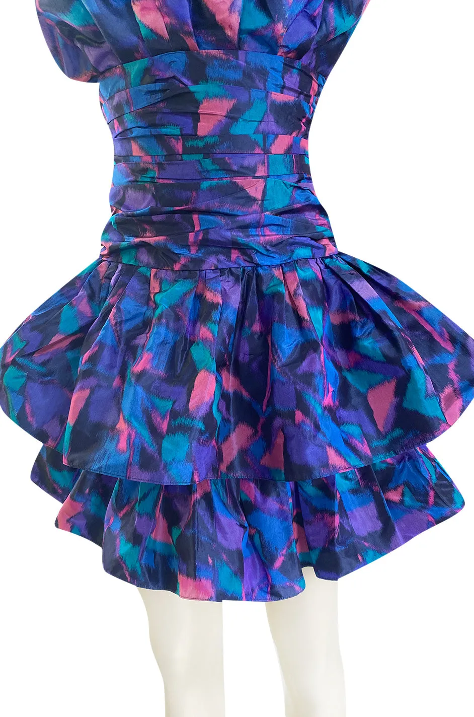 1987 Nina Ricci Multi Colour Printed Silk Taffeta Tiered Ruffled Mini Dress