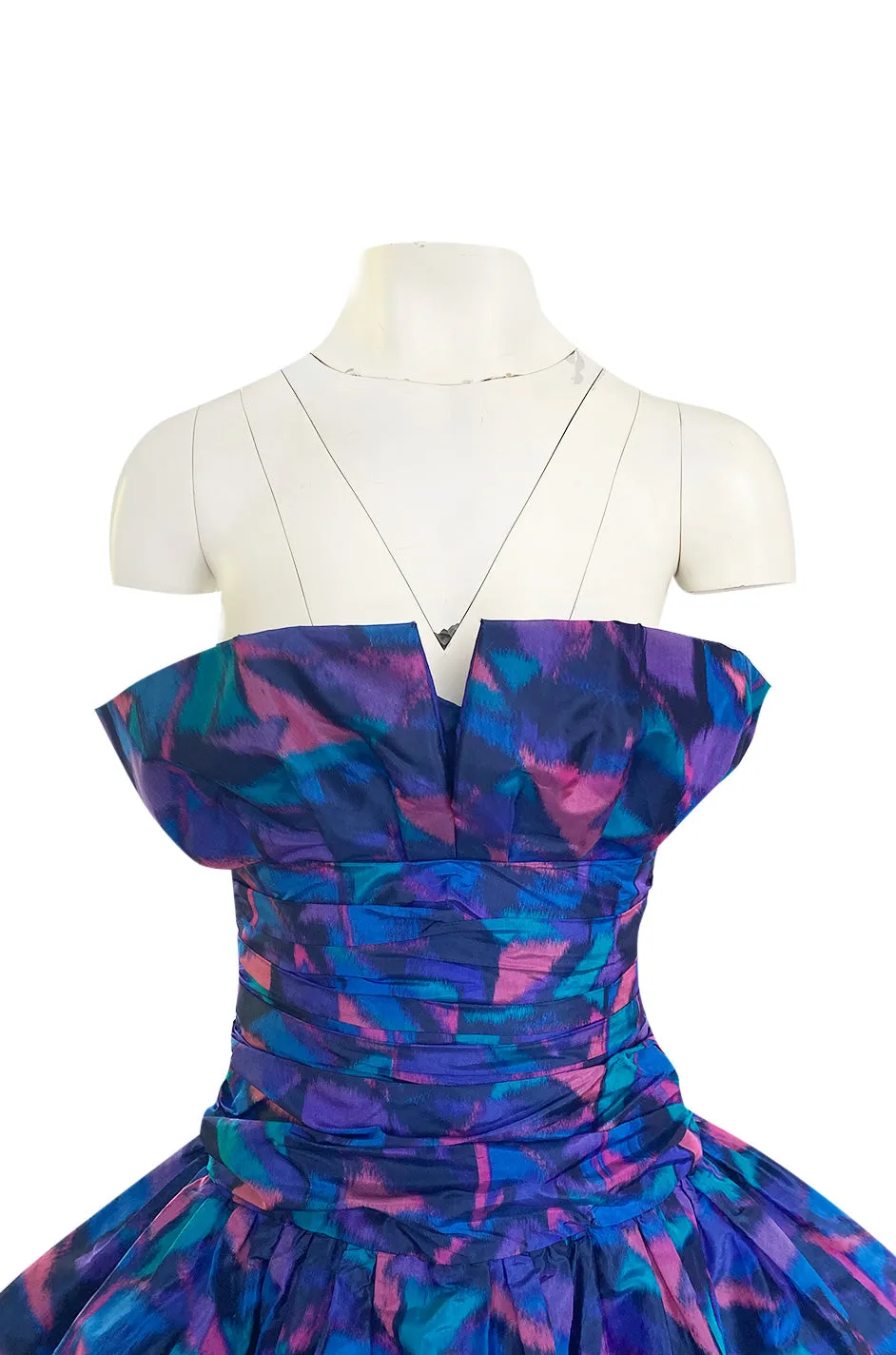 1987 Nina Ricci Multi Colour Printed Silk Taffeta Tiered Ruffled Mini Dress