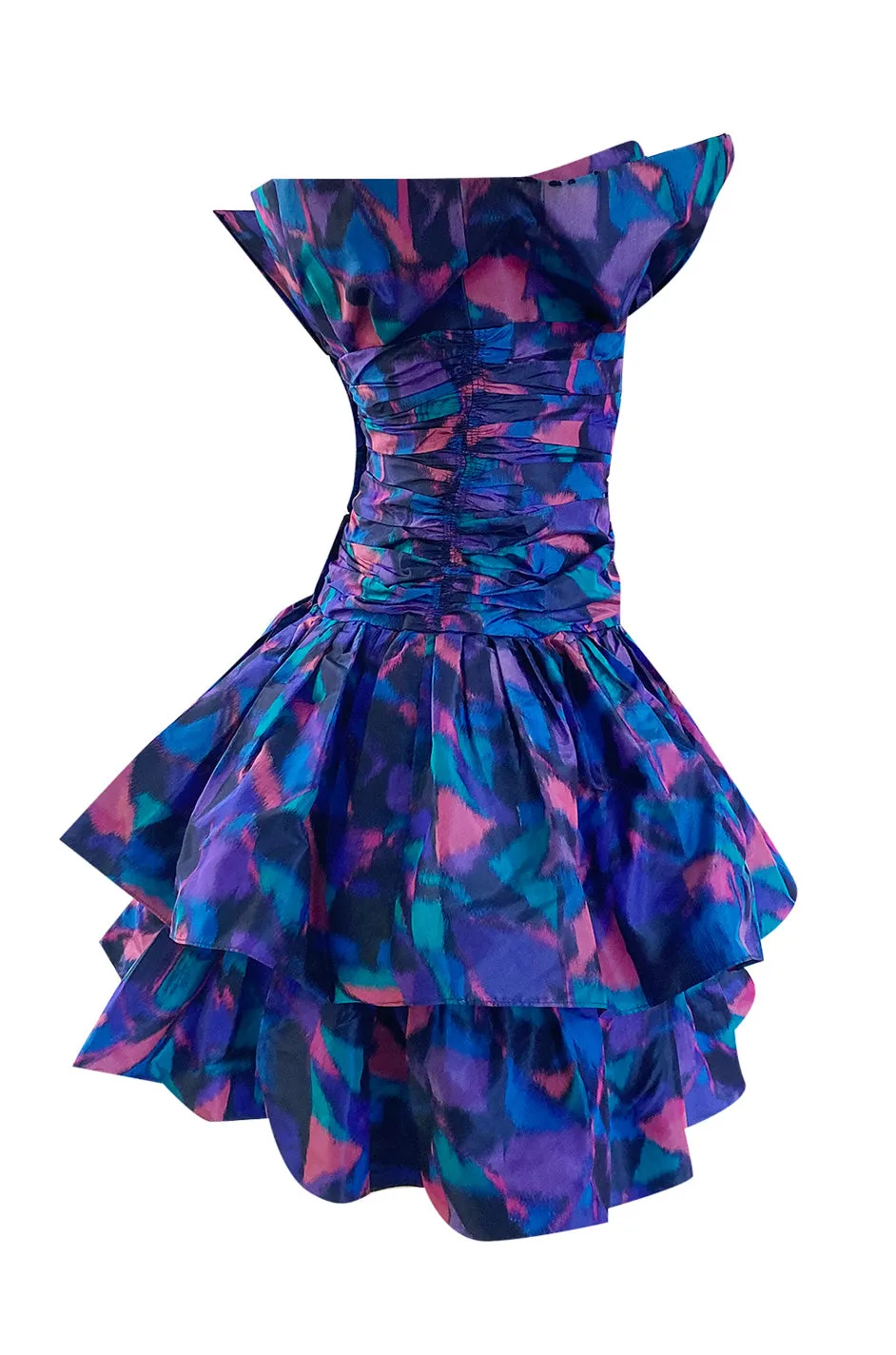 1987 Nina Ricci Multi Colour Printed Silk Taffeta Tiered Ruffled Mini Dress