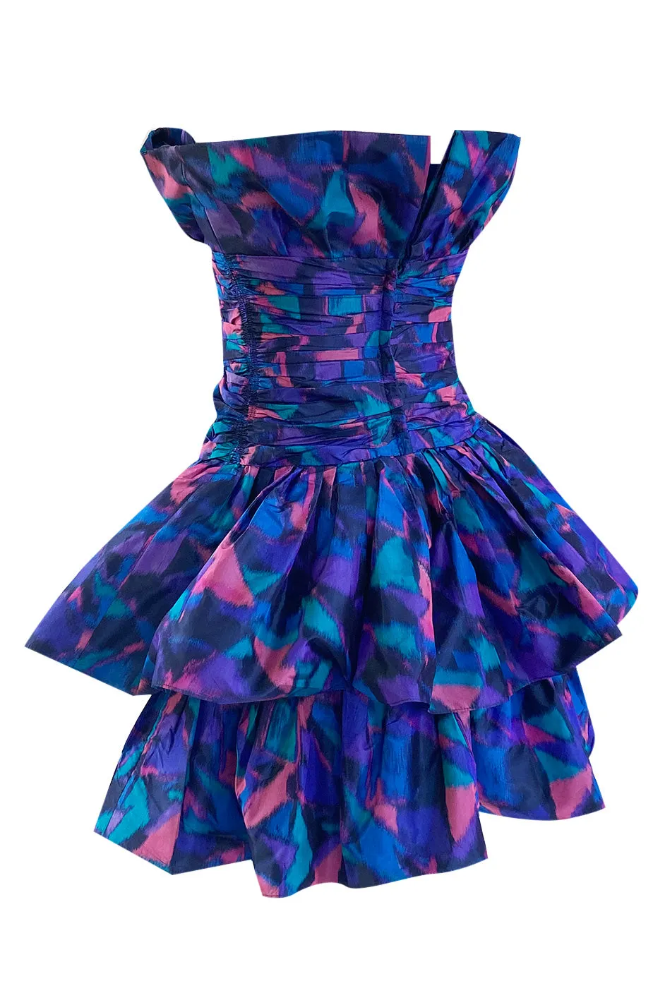 1987 Nina Ricci Multi Colour Printed Silk Taffeta Tiered Ruffled Mini Dress