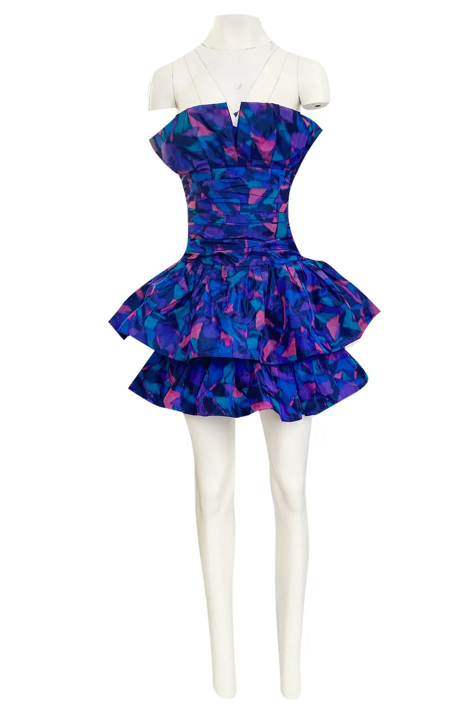 1987 Nina Ricci Multi Colour Printed Silk Taffeta Tiered Ruffled Mini Dress