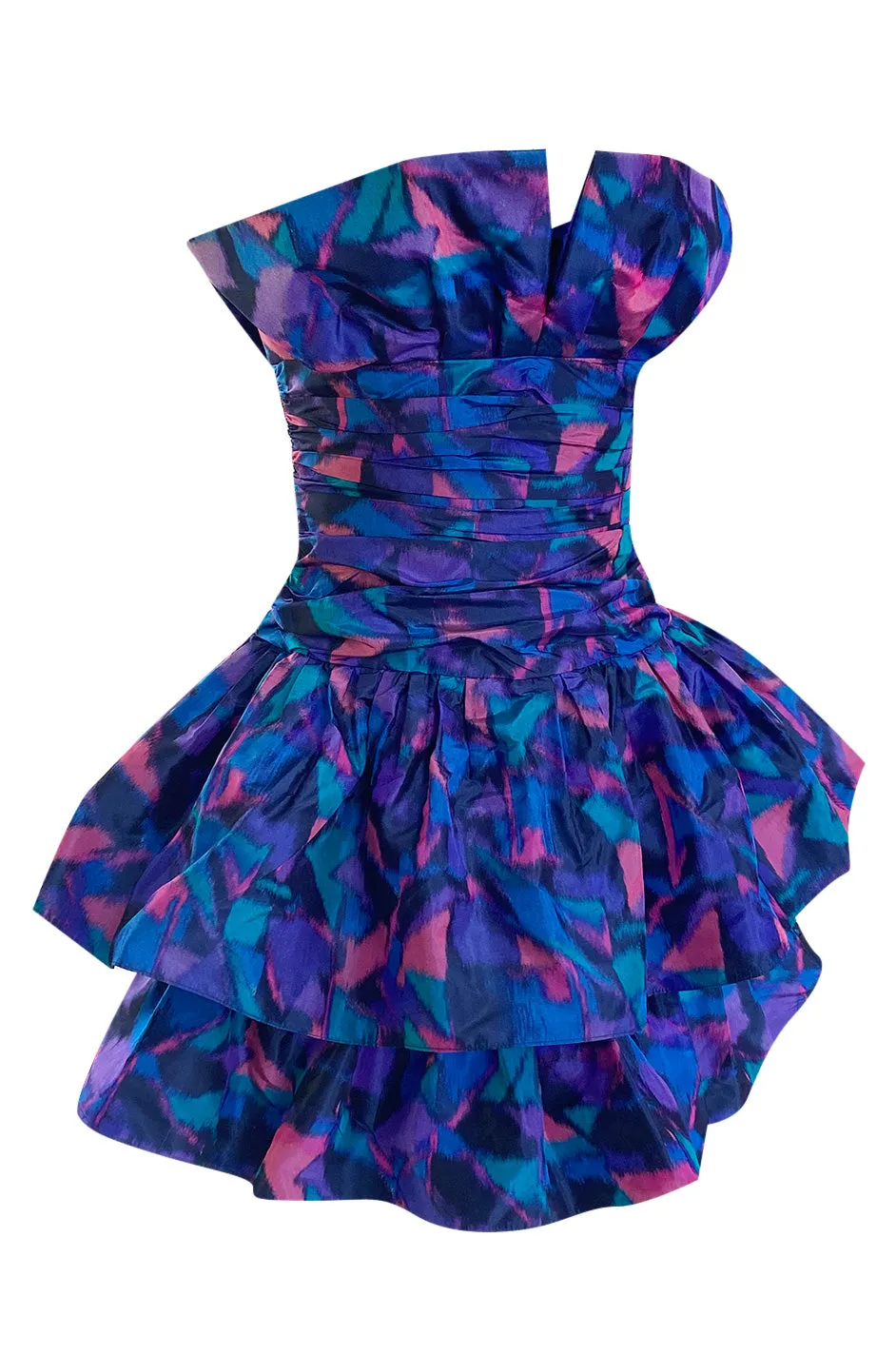 1987 Nina Ricci Multi Colour Printed Silk Taffeta Tiered Ruffled Mini Dress