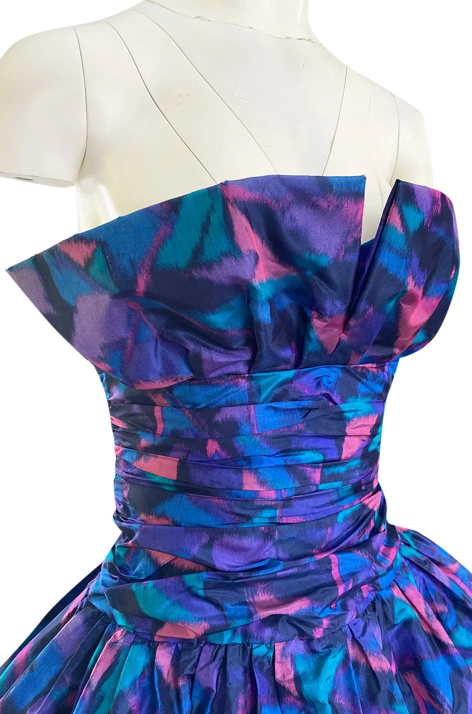 1987 Nina Ricci Multi Colour Printed Silk Taffeta Tiered Ruffled Mini Dress