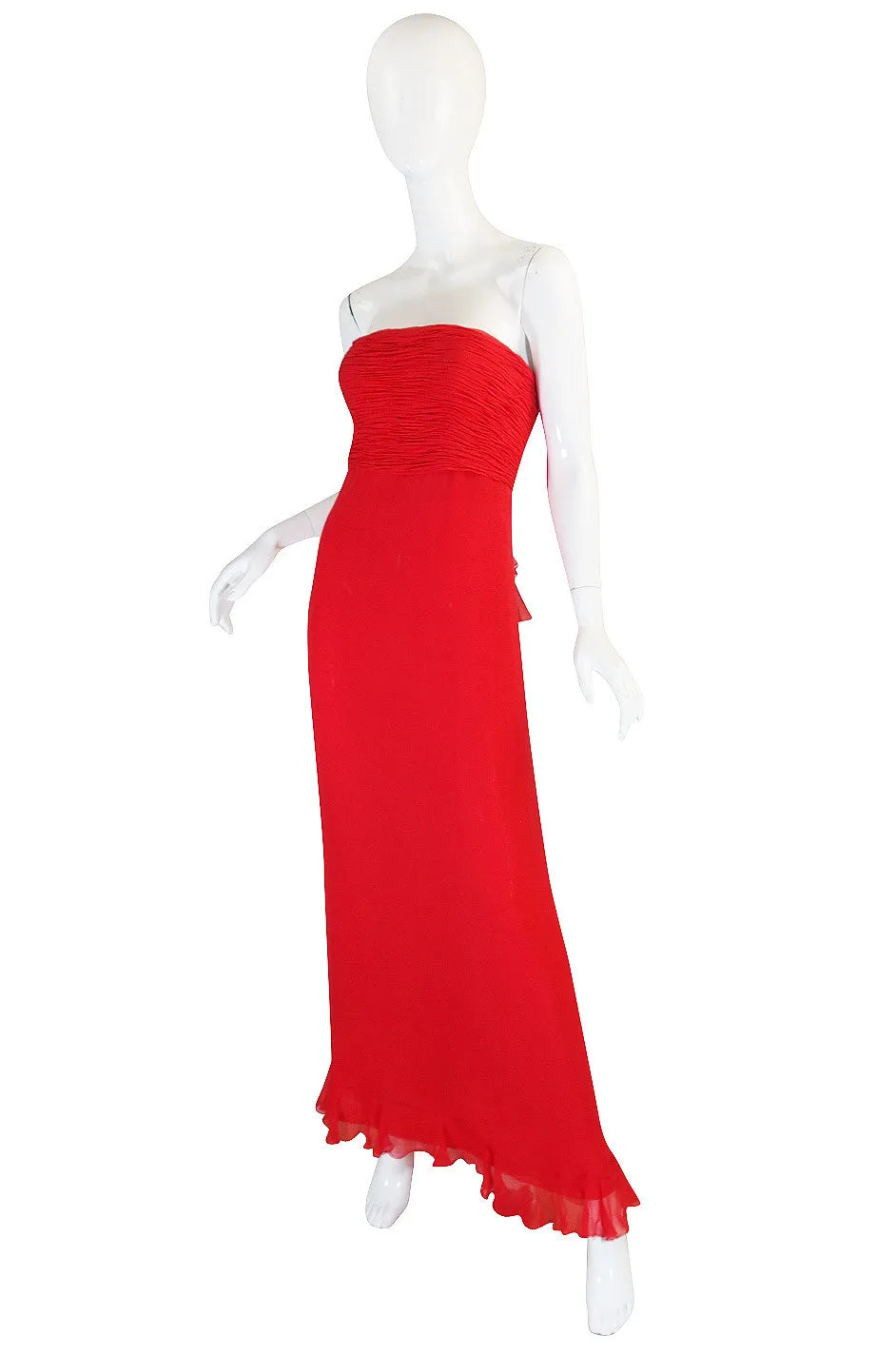 1990s Ruffled Silk Chiffon Oscar De La Renta Gown