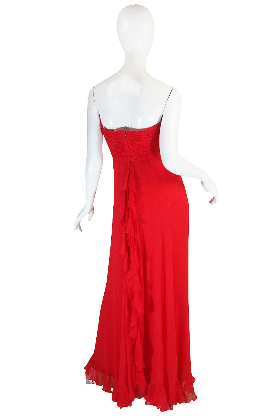 1990s Ruffled Silk Chiffon Oscar De La Renta Gown