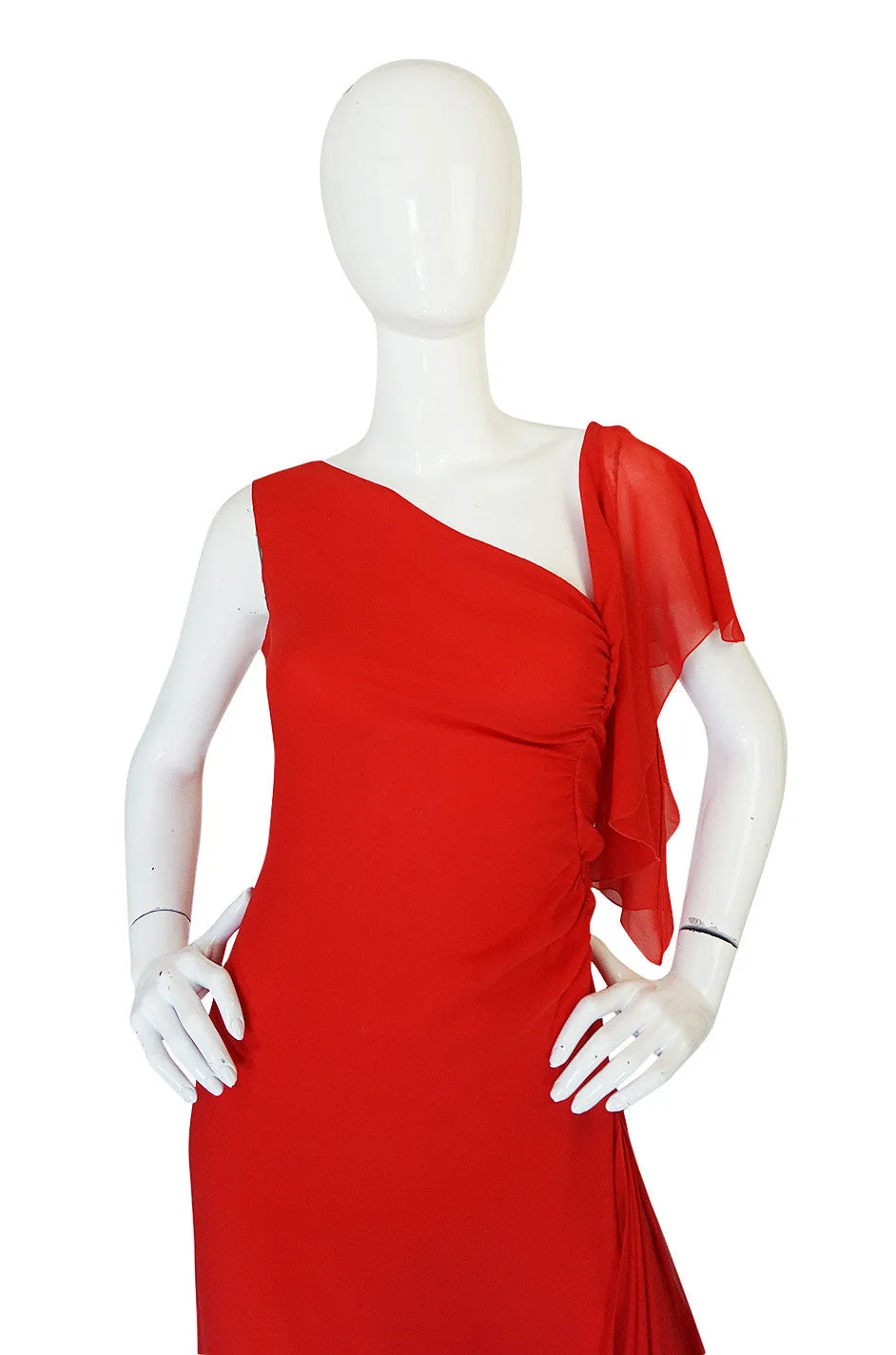 1990s Valentino Plunged Back Red Ruffled Silk Chiffon Dress