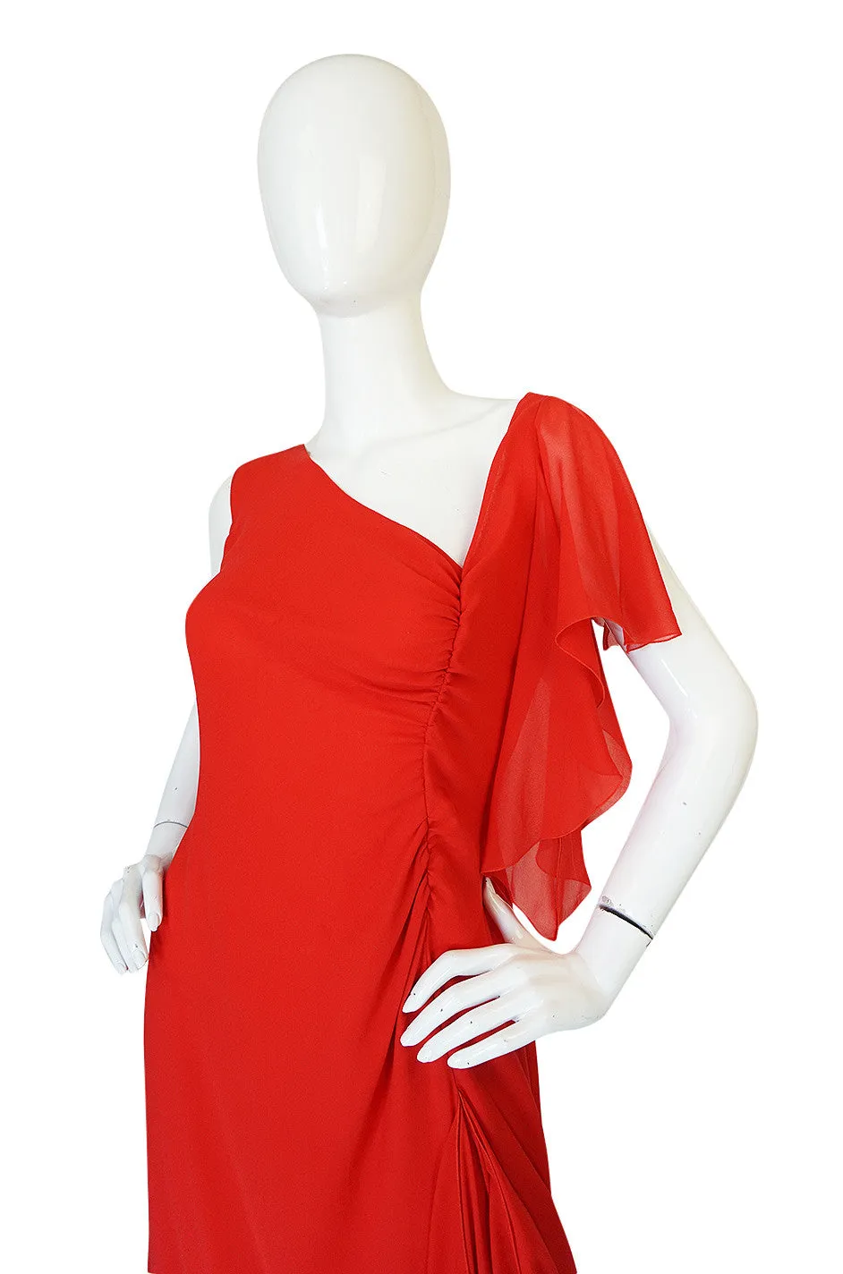 1990s Valentino Plunged Back Red Ruffled Silk Chiffon Dress