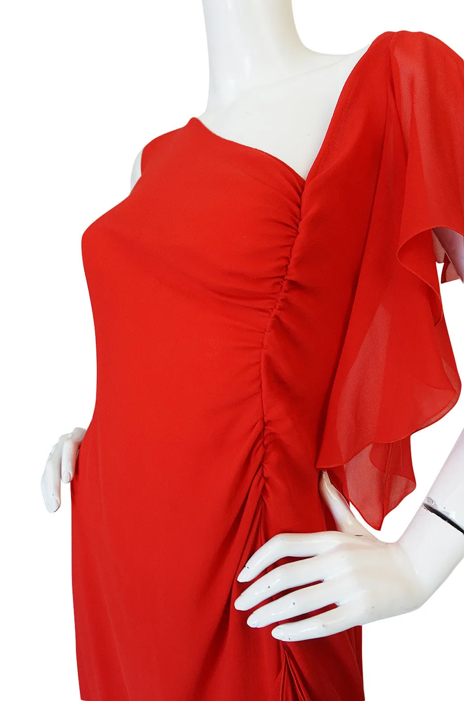 1990s Valentino Plunged Back Red Ruffled Silk Chiffon Dress