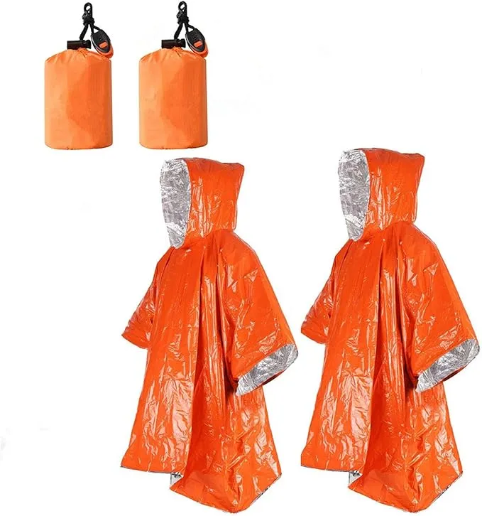 2pcs Emergency Blanket Poncho, 39.3 x 53inch Thermal Mylar Space Blanket Rain Ponchos Survival Gear and Equipment for Outdoor Activity Camping Hiking