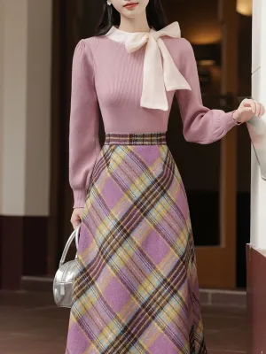 2PS Purple Bow Warm Sweater And Plaid A-line Skirt