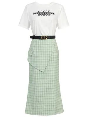 2PS White 1950S Vintage Classic Tshirt And Green Plaid Mermaid Skirt