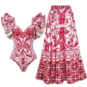 84Volt Neck Ruffled Strap Printed Swimsuit Set - Picture 1 / S