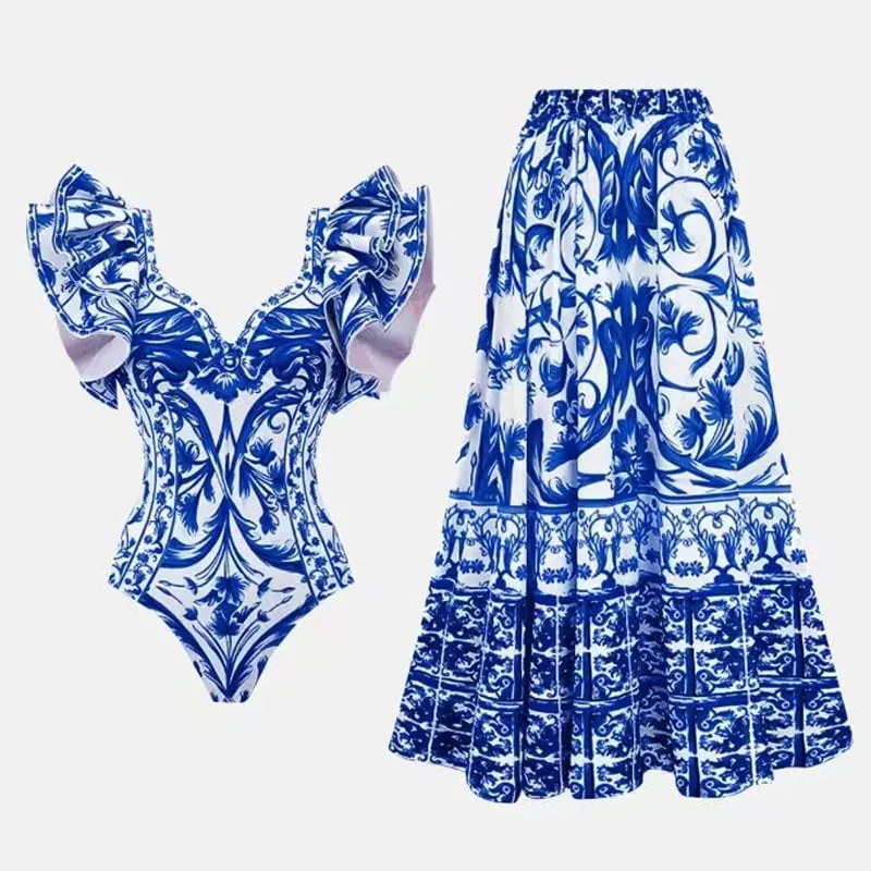 84Volt Neck Ruffled Strap Printed Swimsuit Set - Picture 1 / S