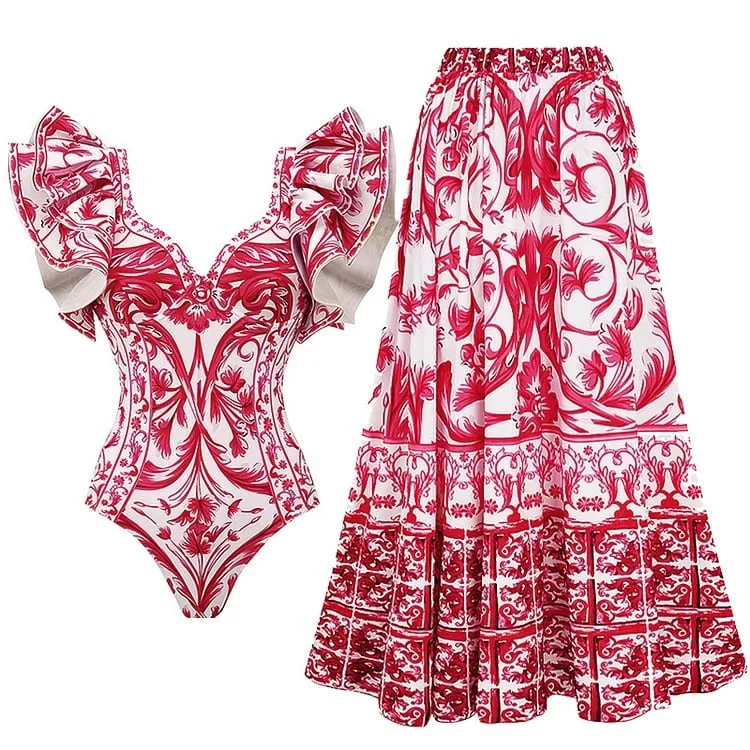 84Volt Neck Ruffled Strap Printed Swimsuit Set - Picture 1 / S