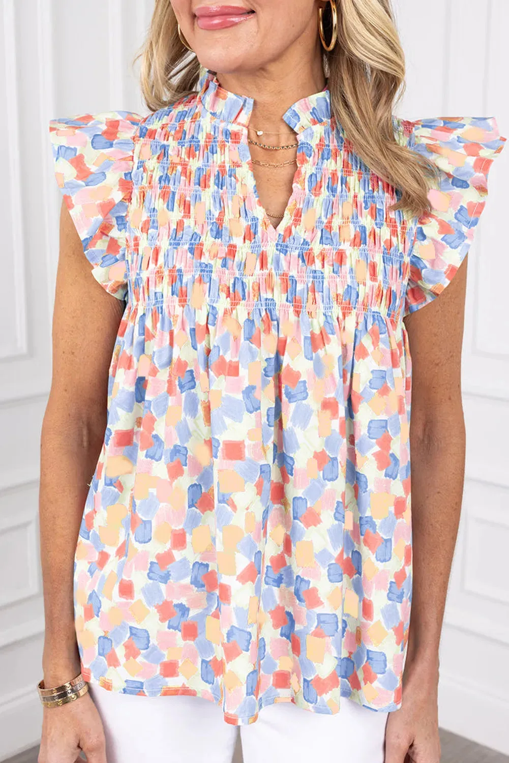 Adelaide Ruffled Printed Notched Cap Sleeve Blouse