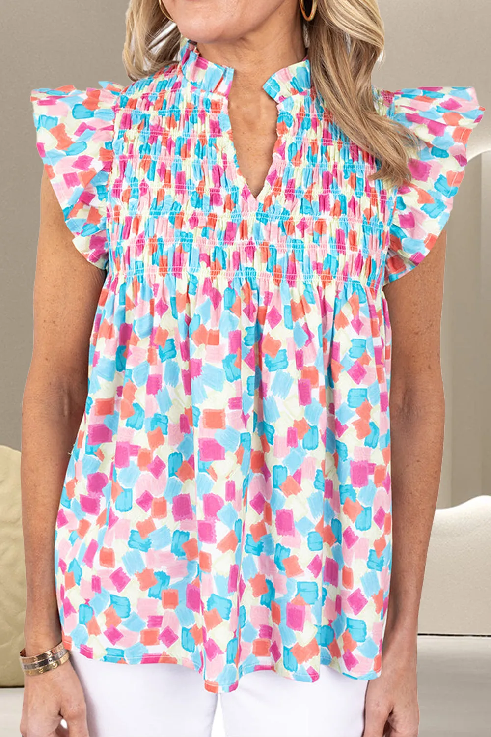 Adelaide Ruffled Printed Notched Cap Sleeve Blouse