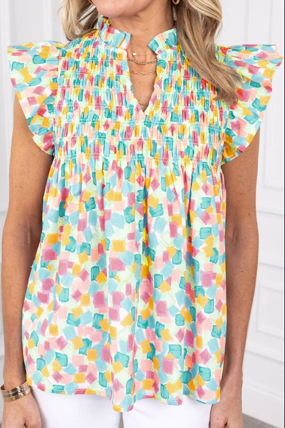 Adelaide Ruffled Printed Notched Cap Sleeve Blouse