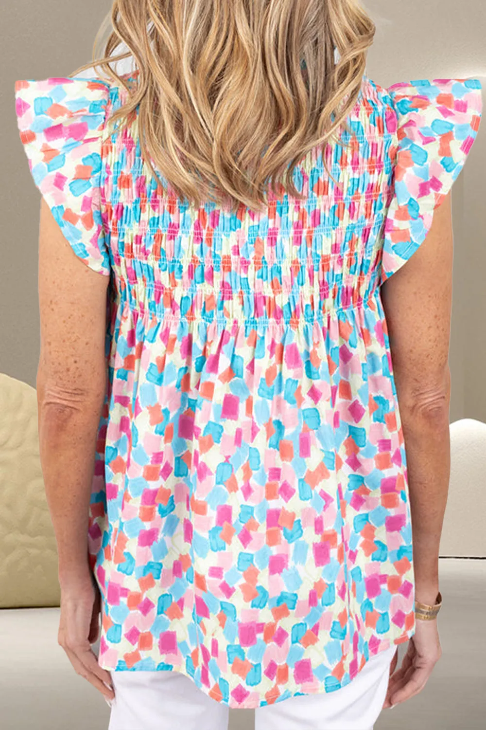 Adelaide Ruffled Printed Notched Cap Sleeve Blouse