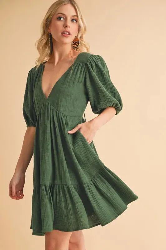 Aemi Co Tied Back Ruffled Short Sleeve Mini Dress