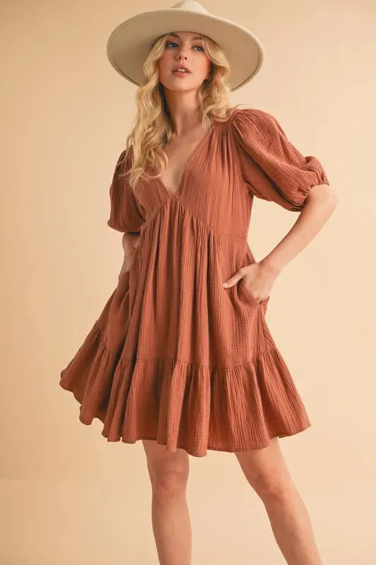 Aemi Co Tied Back Ruffled Short Sleeve Mini Dress