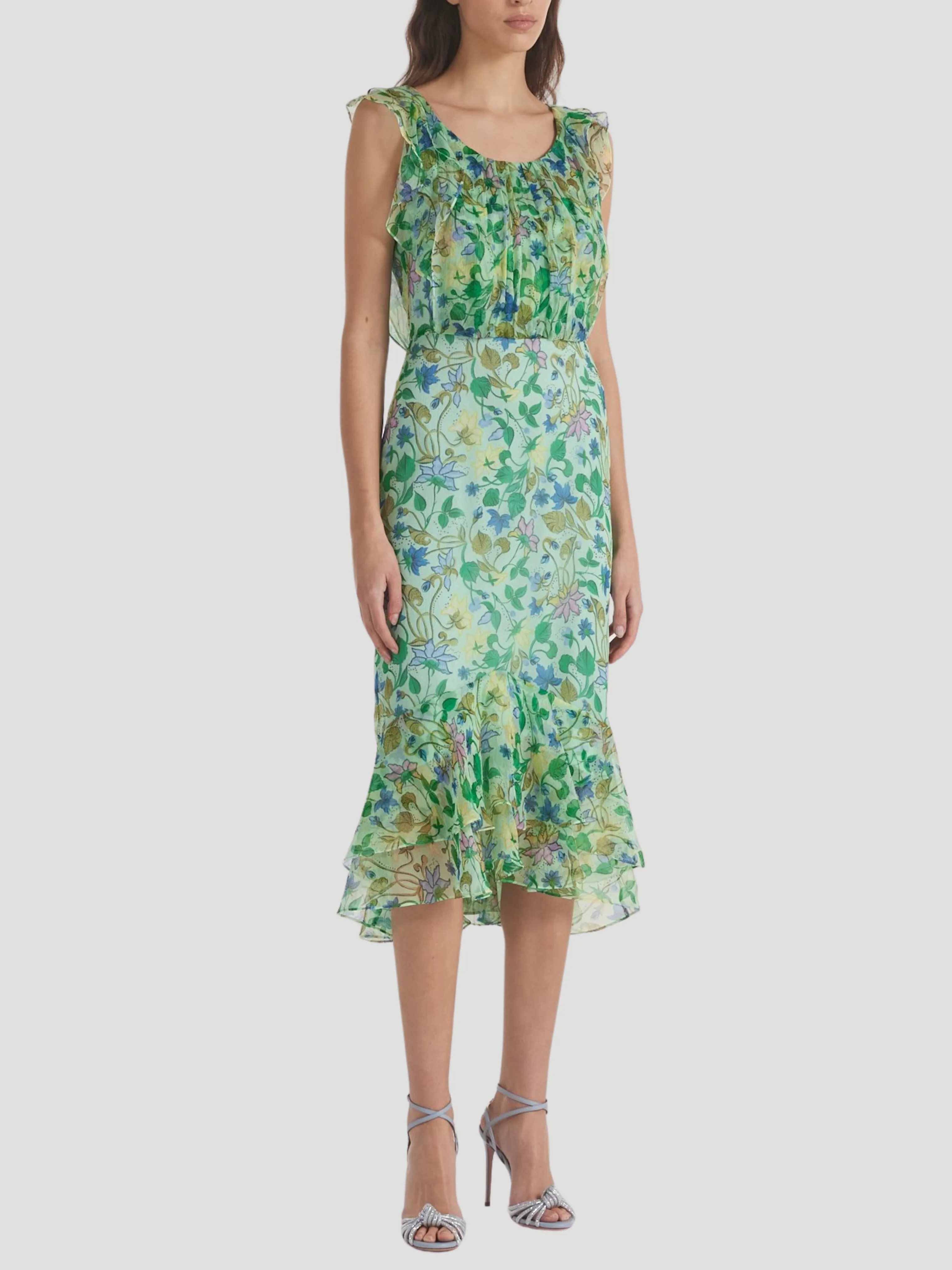 Aisha Ruffled Floral Silk Midi-Dress