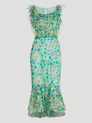 Aisha Ruffled Floral Silk Midi-Dress