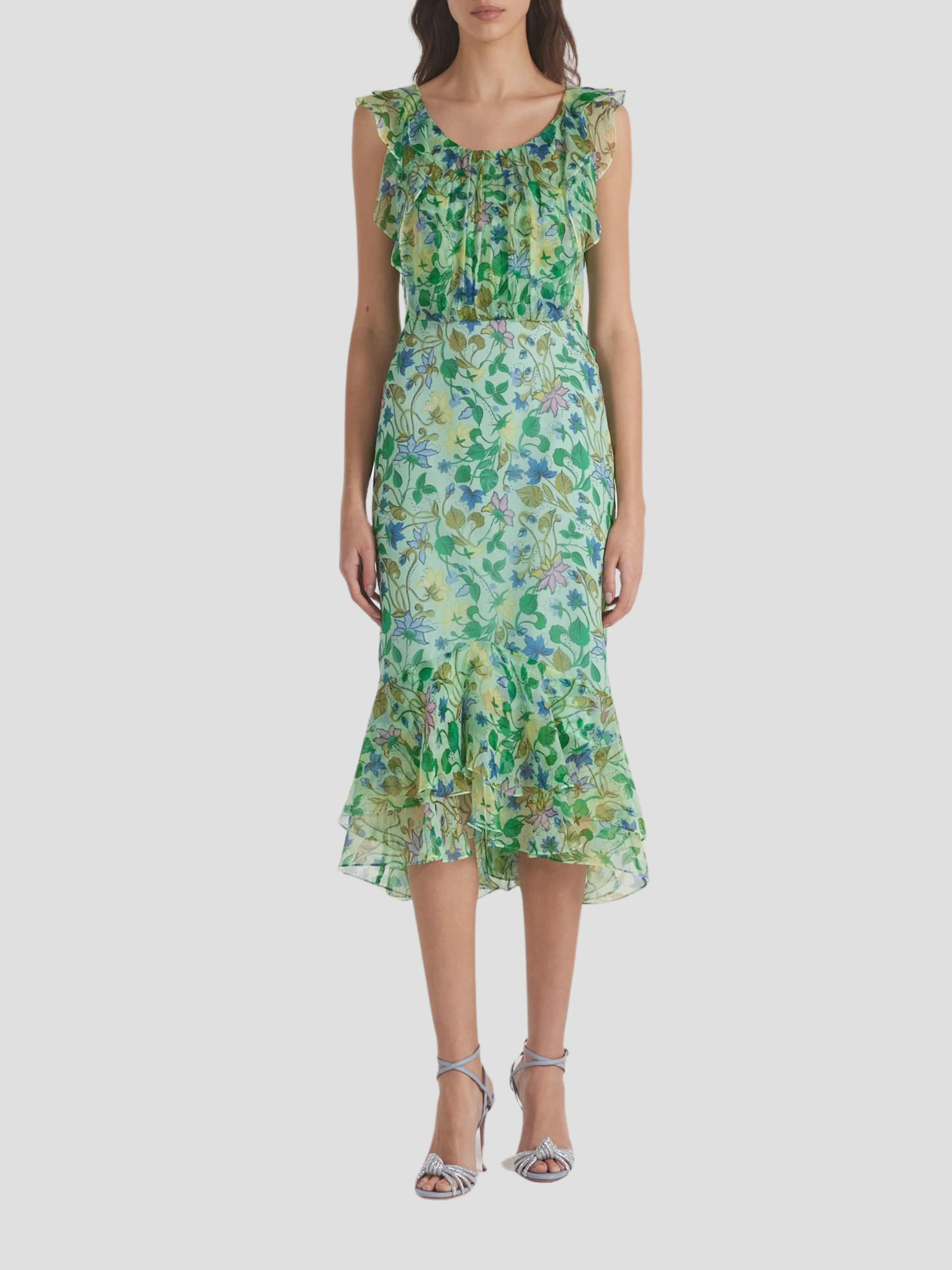 Aisha Ruffled Floral Silk Midi-Dress