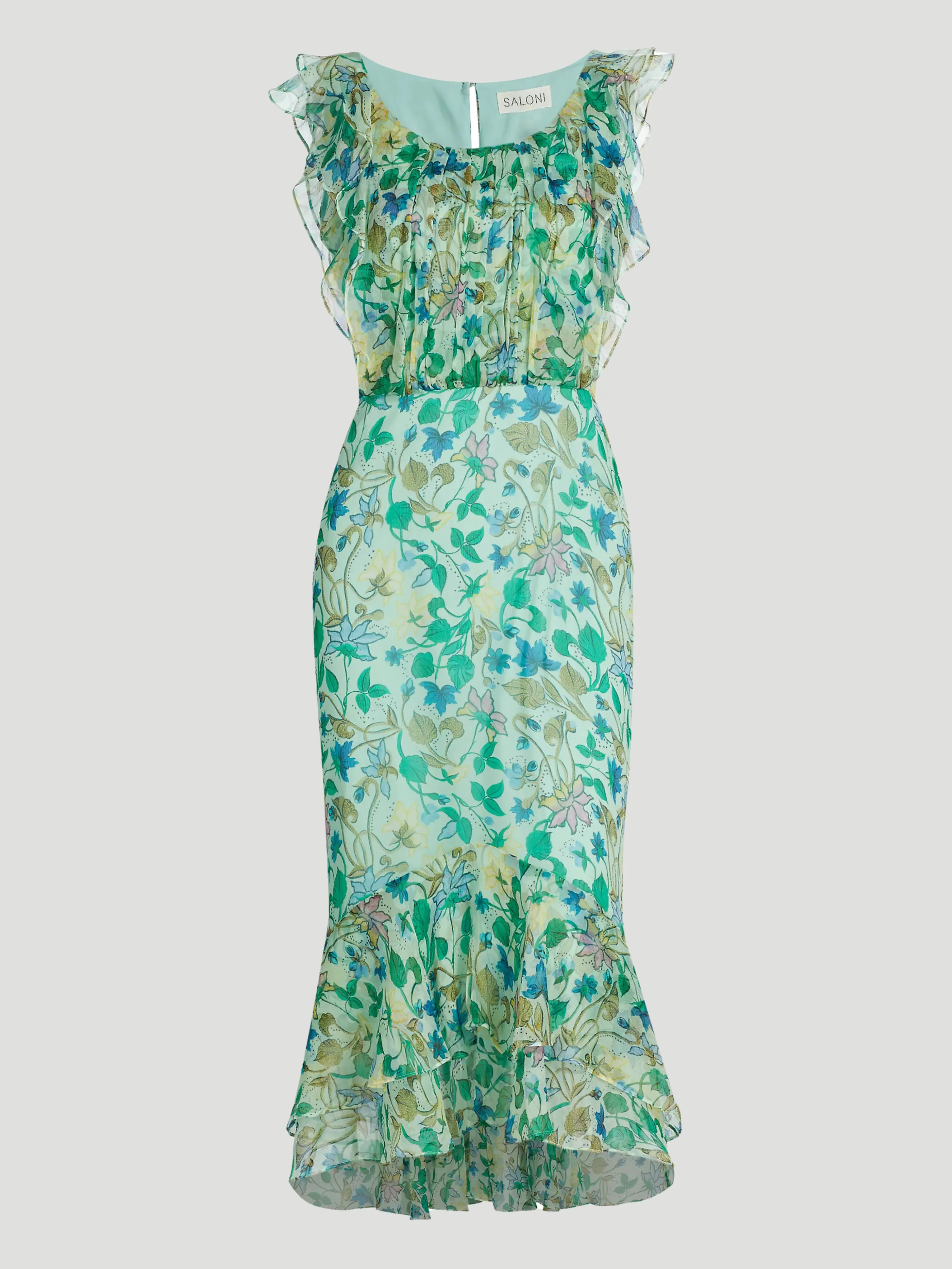 Aisha Ruffled Floral Silk Midi-Dress