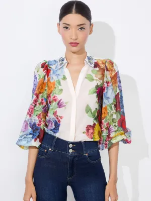 alice   olivia - Roanne Button Down Blouse in Garden Brunch Off White