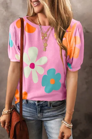 Amara Flower Round Neck Short Sleeve Blouse