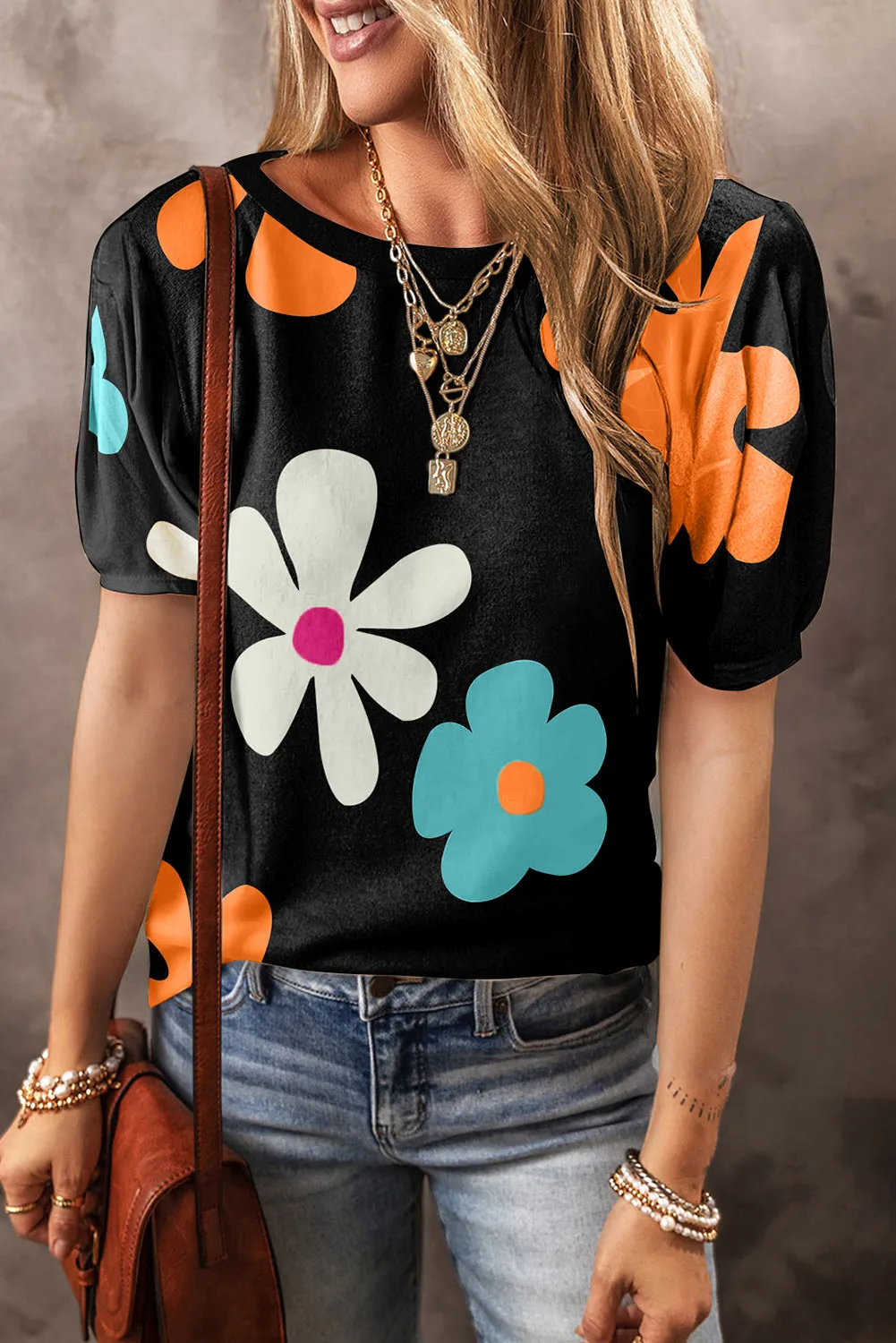 Amara Flower Round Neck Short Sleeve Blouse