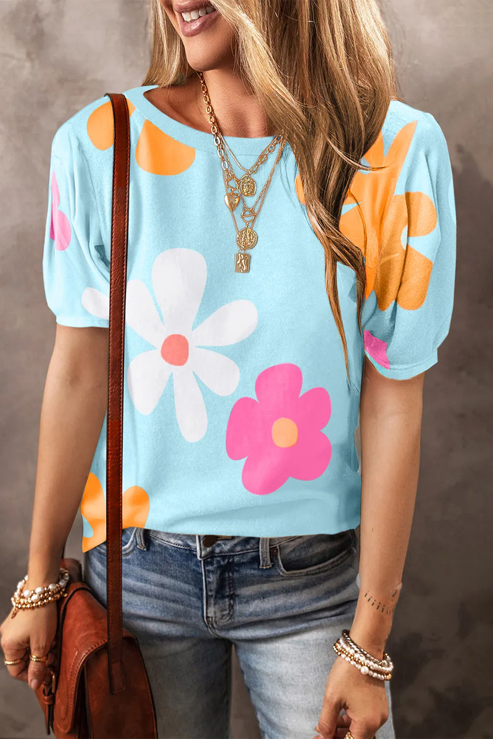 Amara Flower Round Neck Short Sleeve Blouse