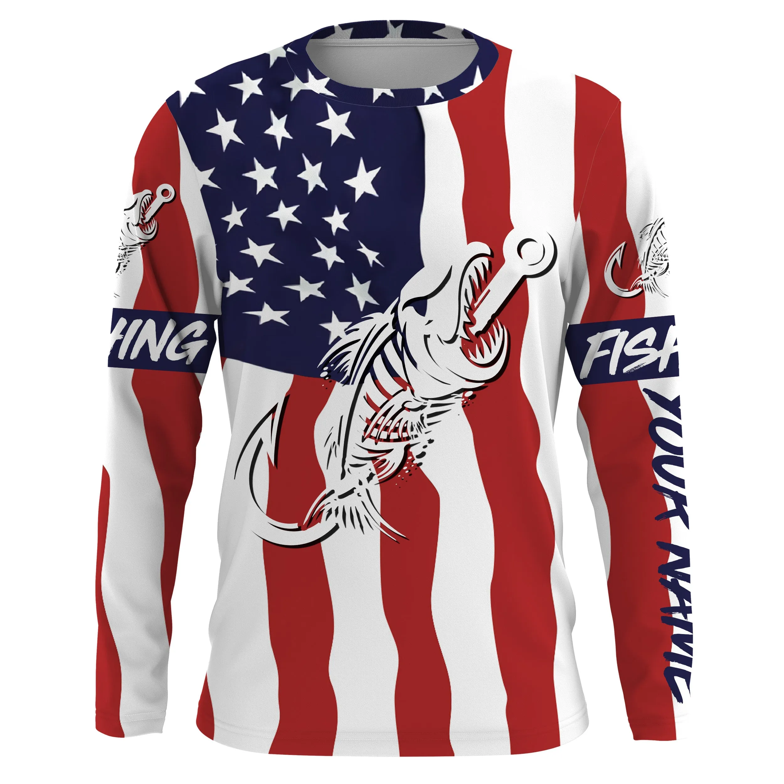American flag fishing Fish hook skull personalized fishing shirts custom Long sleeve, Long Sleeve Hooded NPQ689