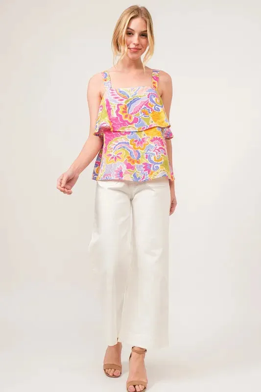 And The Why Square Neck Tiered Paisley Printed Top