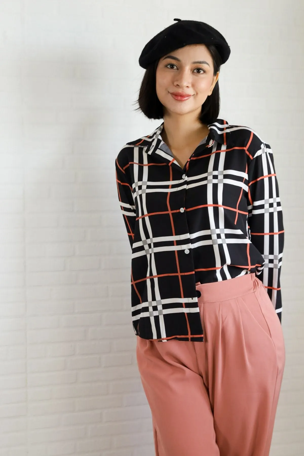 ANIKA Plaid Button-Down Shirt (Black)