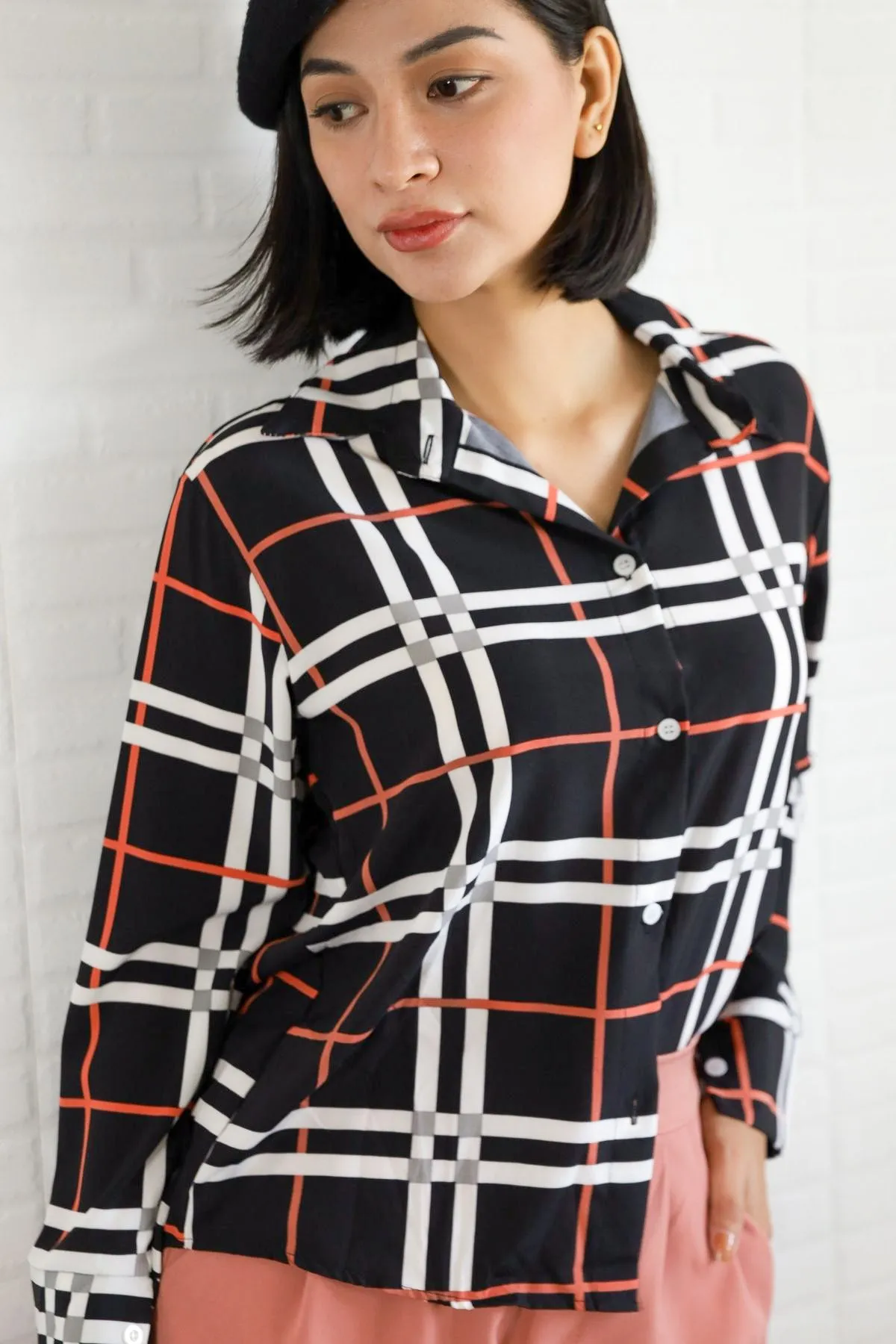 ANIKA Plaid Button-Down Shirt (Black)