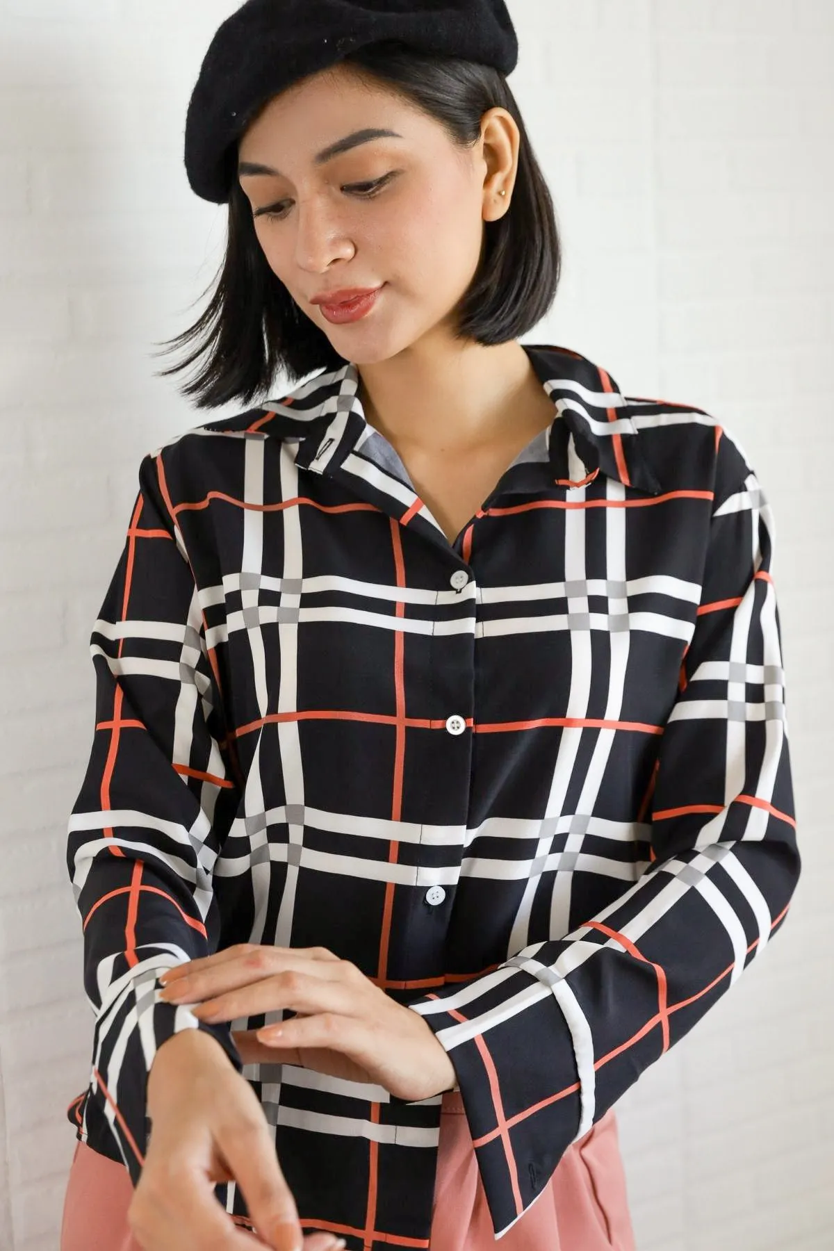 ANIKA Plaid Button-Down Shirt (Black)