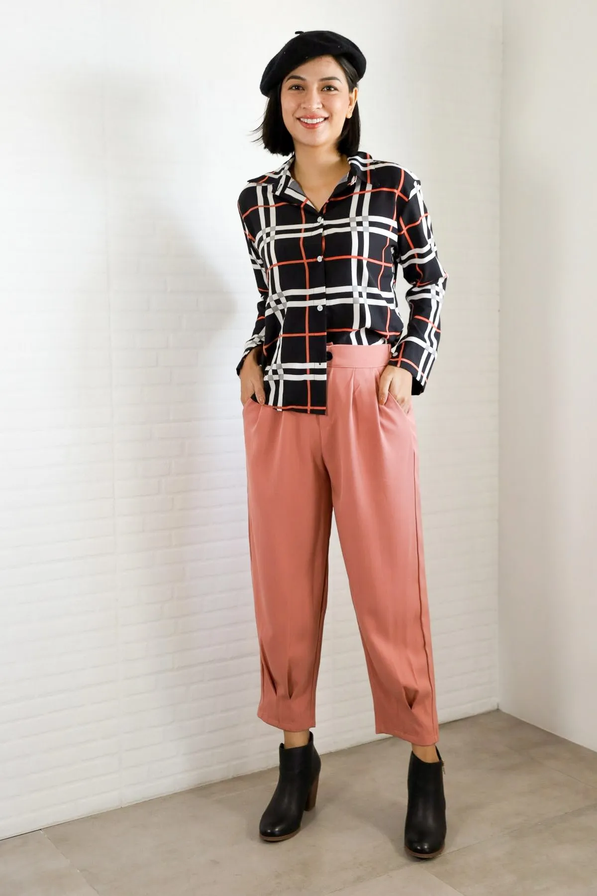 ANIKA Plaid Button-Down Shirt (Black)