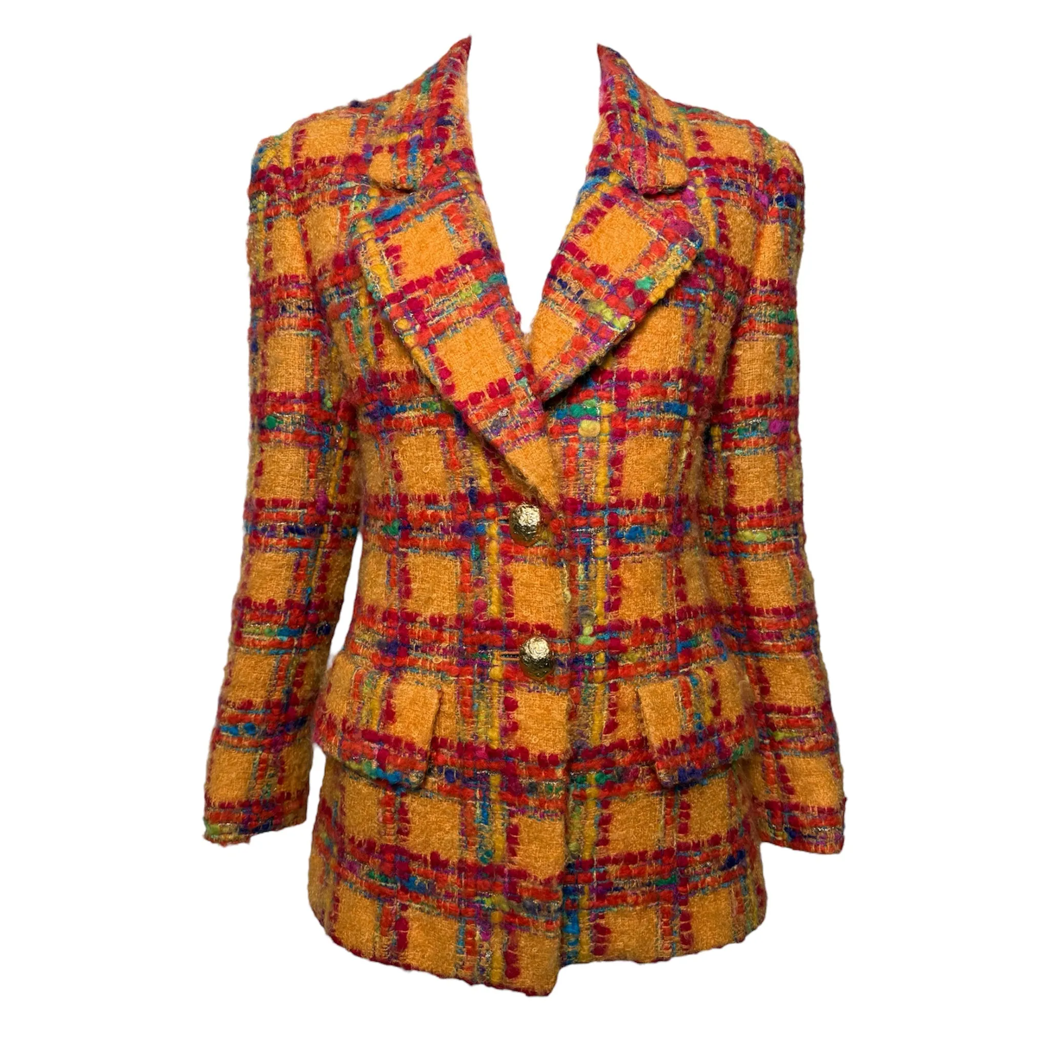 Anne Klein 1980's Nubby Knit Orange Plaid Skirt Suit