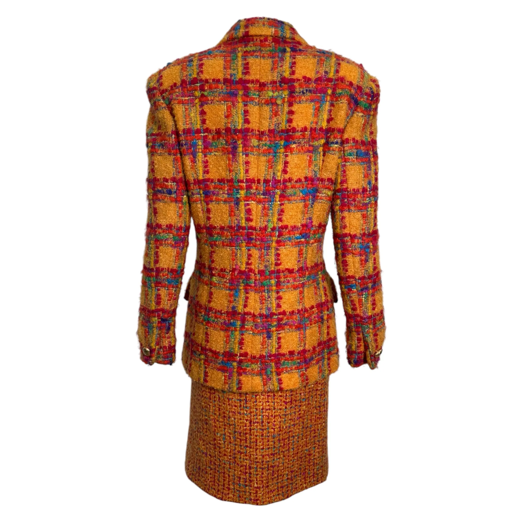 Anne Klein 1980's Nubby Knit Orange Plaid Skirt Suit